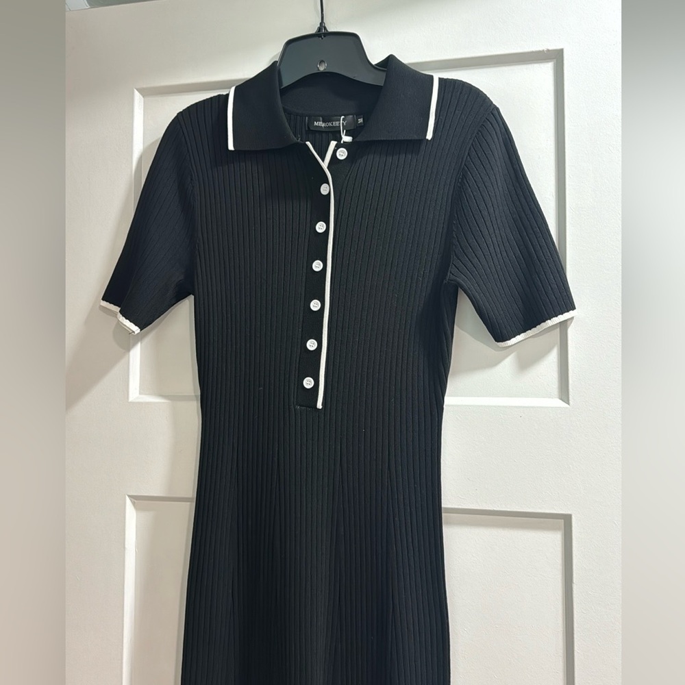 Women’s Long Black Collar Buttoned Down Ribbed Sweater Bodycon Maxi Dress Medium - Picture 2 of 14
